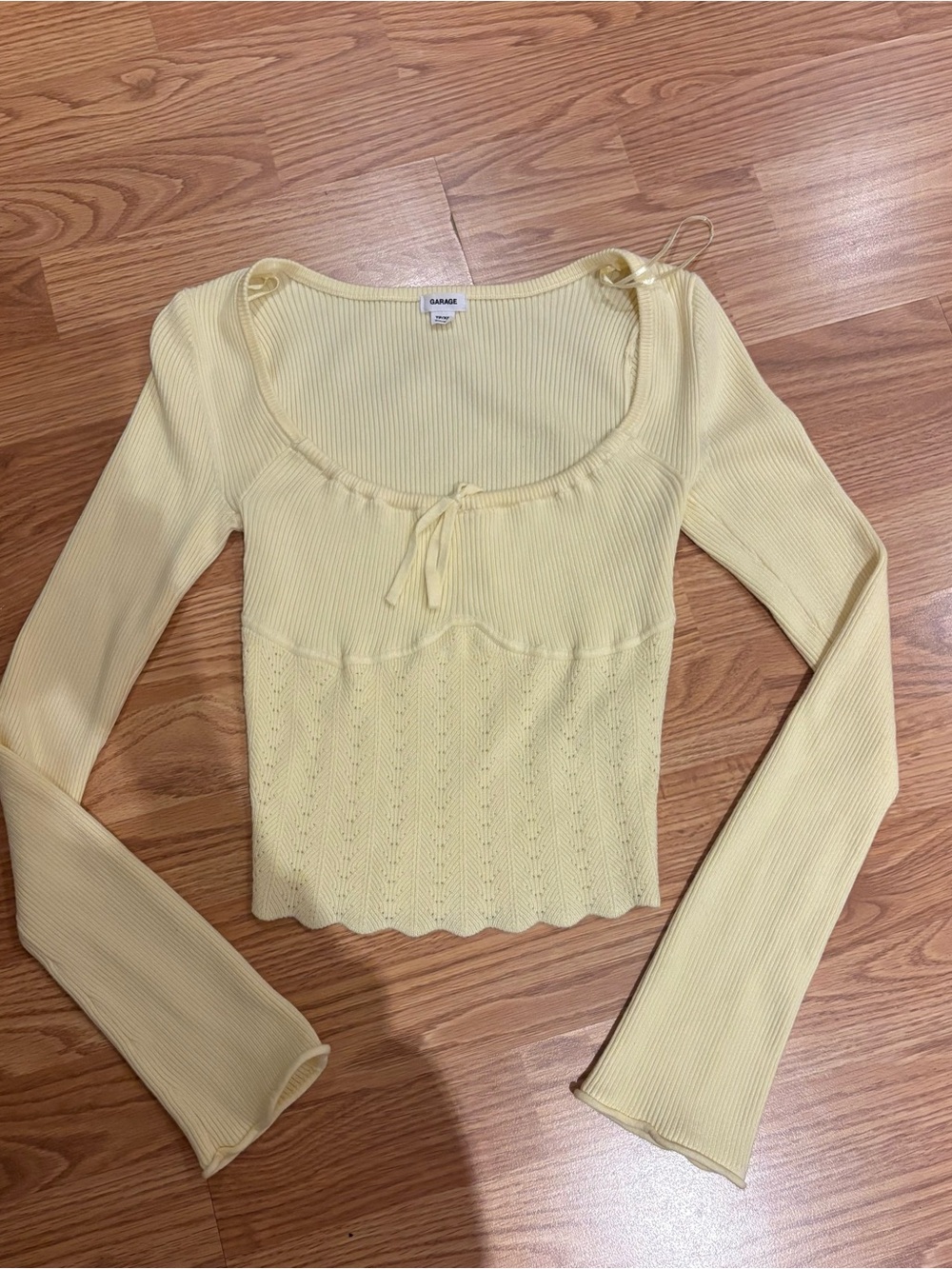 Garage Light Yellow Ribbed Long Sleeve Knit Top with Tie